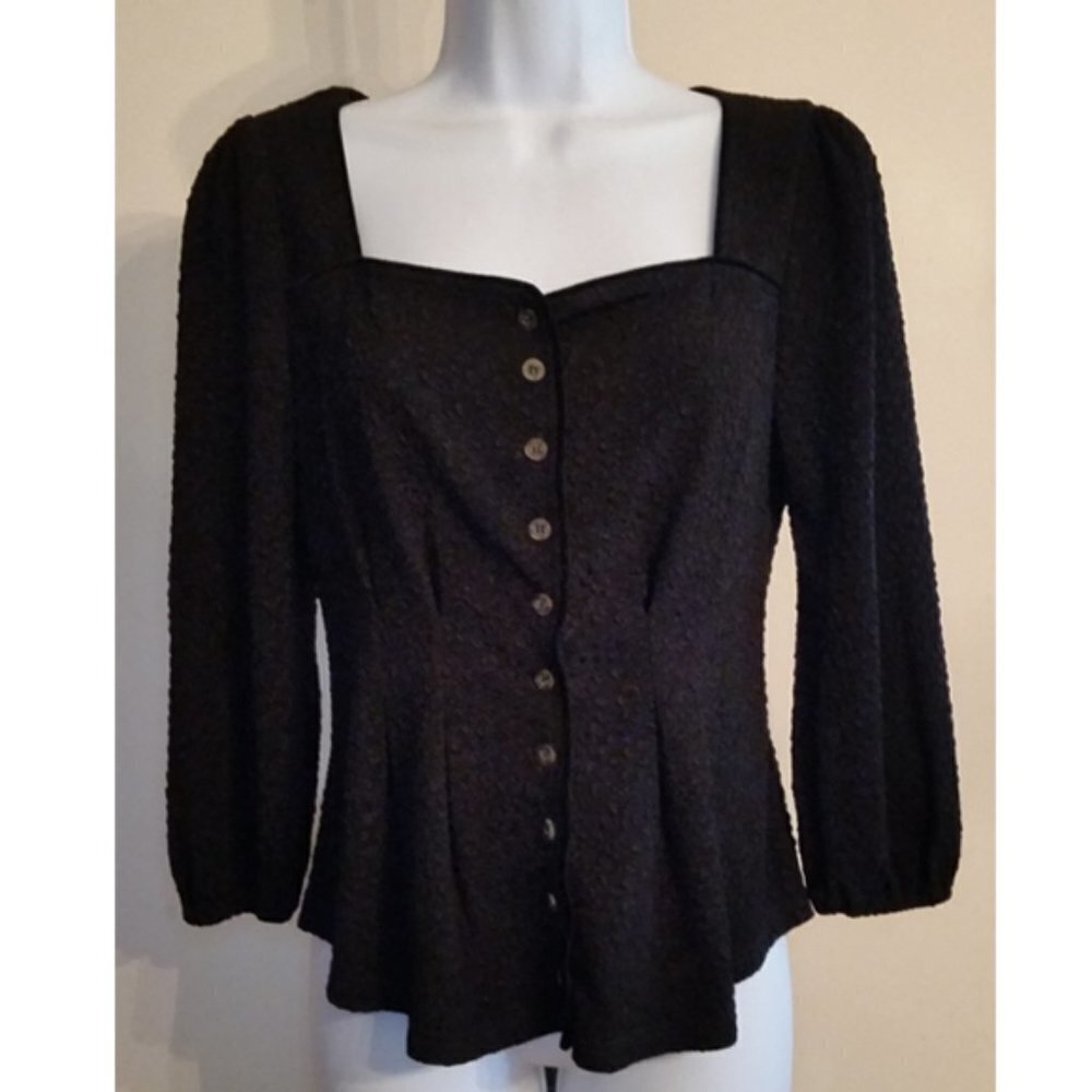 𝅺NWT Anthro The Korner Romantic Black Boho Top sz S Button Front Square Neck.